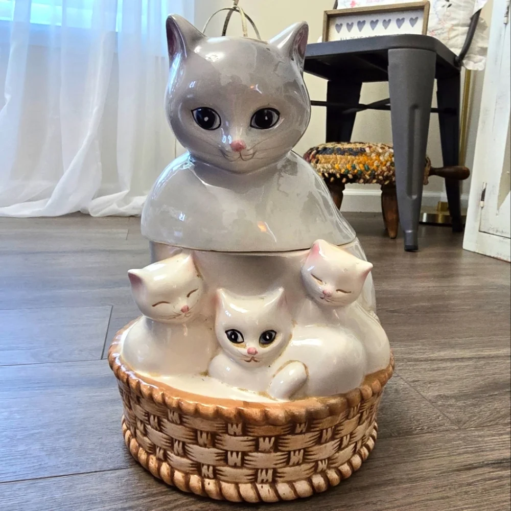 Vintage Mitger Ceramic Cat And Kittens In A Basket Cookie Jar Collectible Decor - Picture 1 of 5